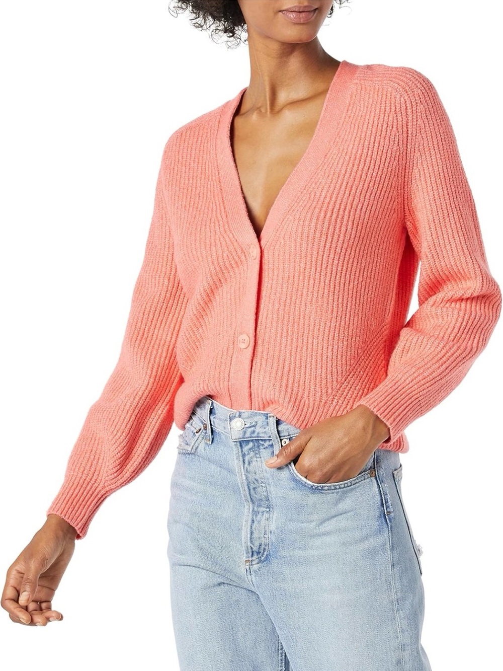 Amazon Essentials Women's Soft Touch Ribbed Blouson Cardigan (Sz M) Salmon Coral